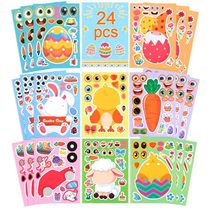 Party Games Easter Egg - 8-24pcs อีสเตอร์สติกเกอร์ปริศนาไข่กระต่าย Make a Face DIY